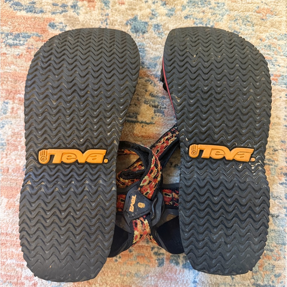 Teva Women's Black Sandals with Red and Orange Patterned Straps - Picture 7 of 9